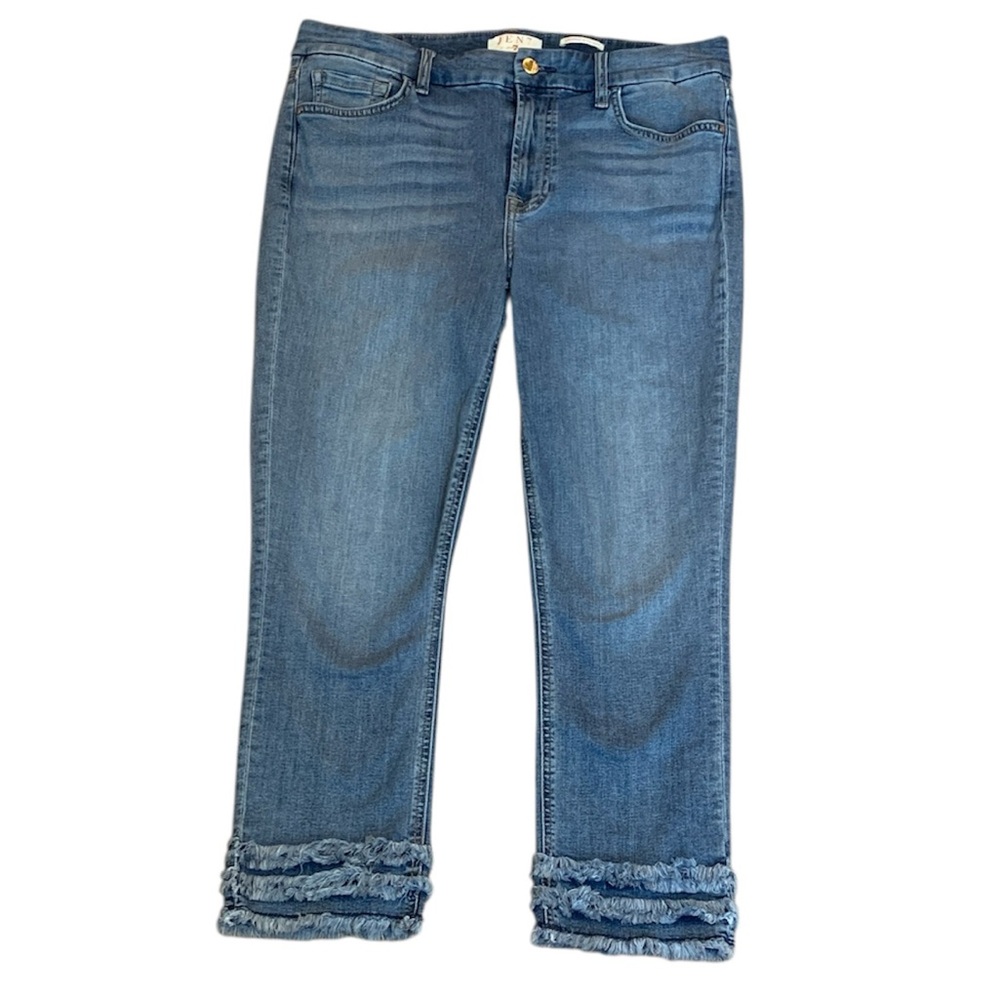 Jen 7 Cropped Straight Leg Jeans with Multi Layer Distressed Fringe Women’s 10